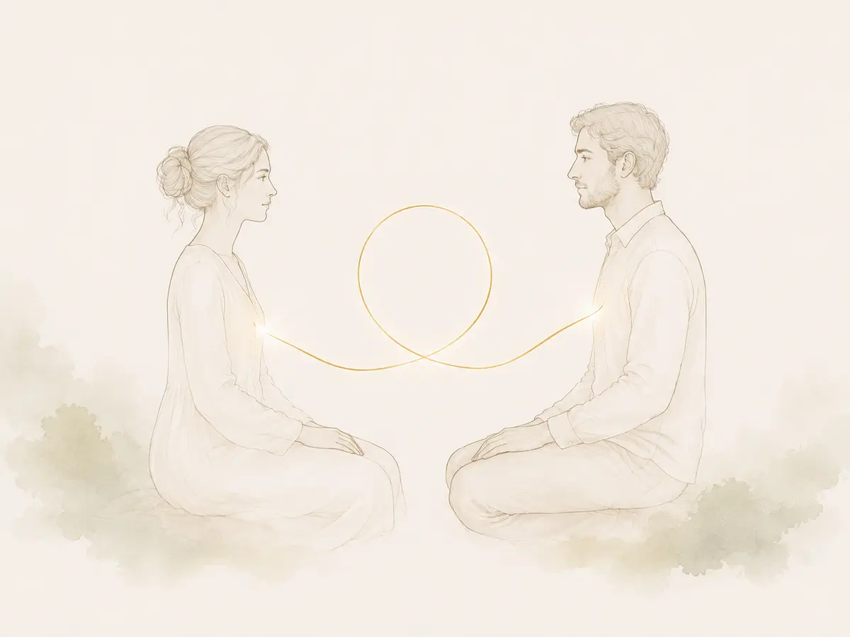Illustration de deux personnes en dialogue reliées par un fil doré