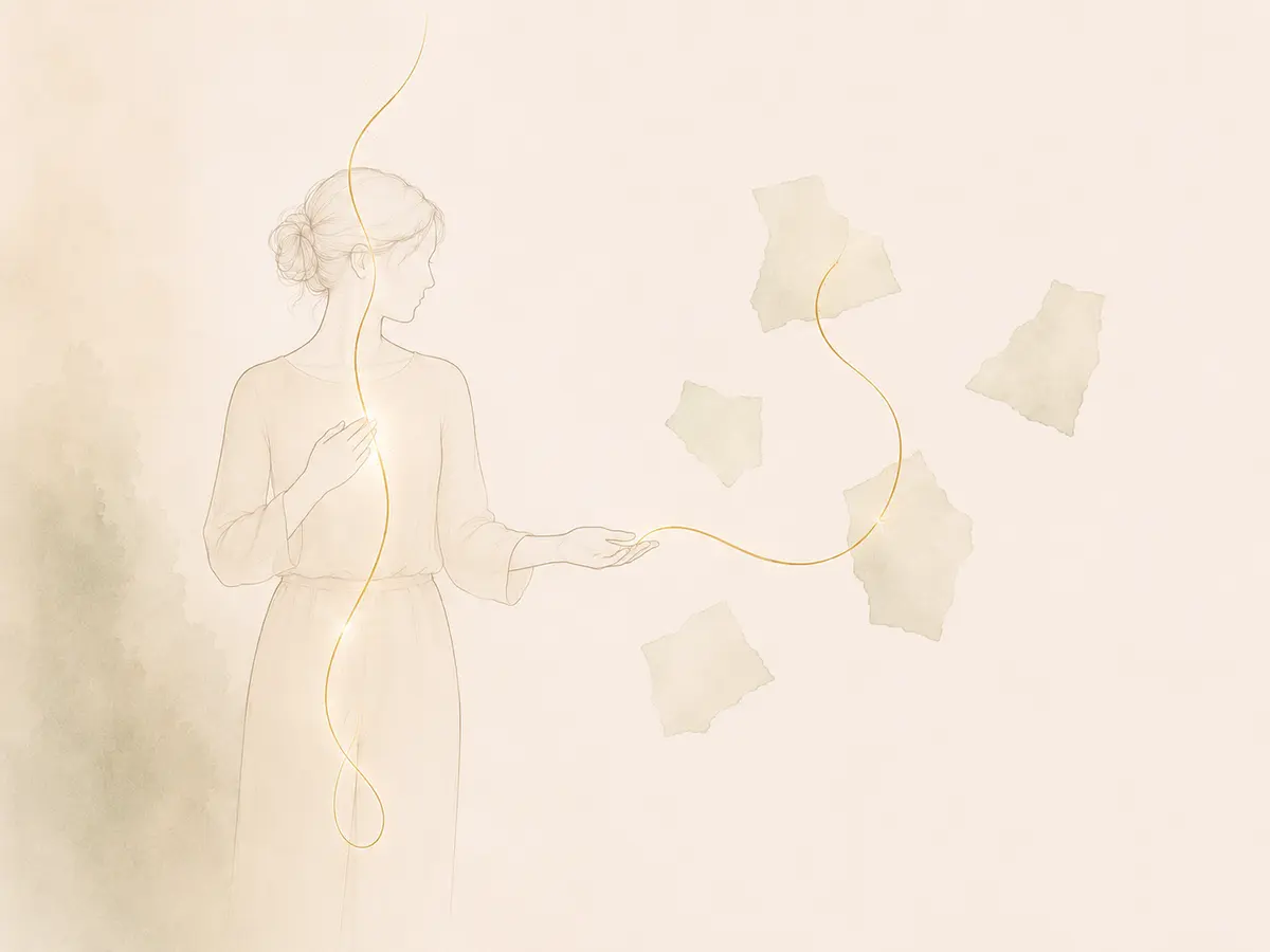 Illustration du Fil sensible avec des fragments reliés par un fil doré