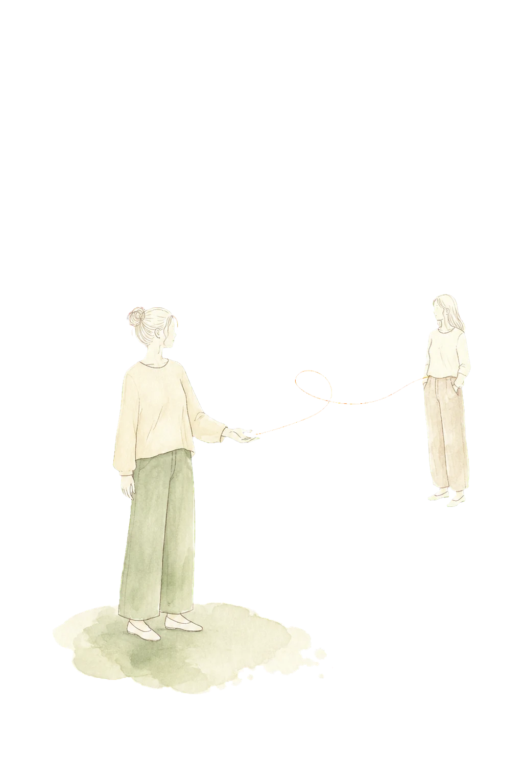 Une femme se tient entre deux chemins et tient délicatement un fil doré reliant les différentes directions. L’illustration évoque une décision encore en suspens et la recherche d’un choix intérieurement plus juste. Deux personnes reliées par un fil doré dans une situation relationnelle