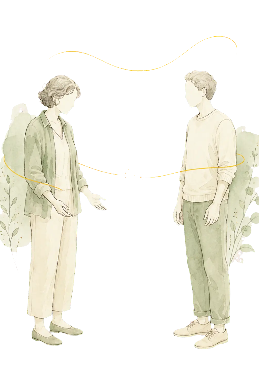 Traverser une tension relationnelle avec l’Imago Deux personnes séparées par un fil doré interrompu symbolisant une tension relationnelle