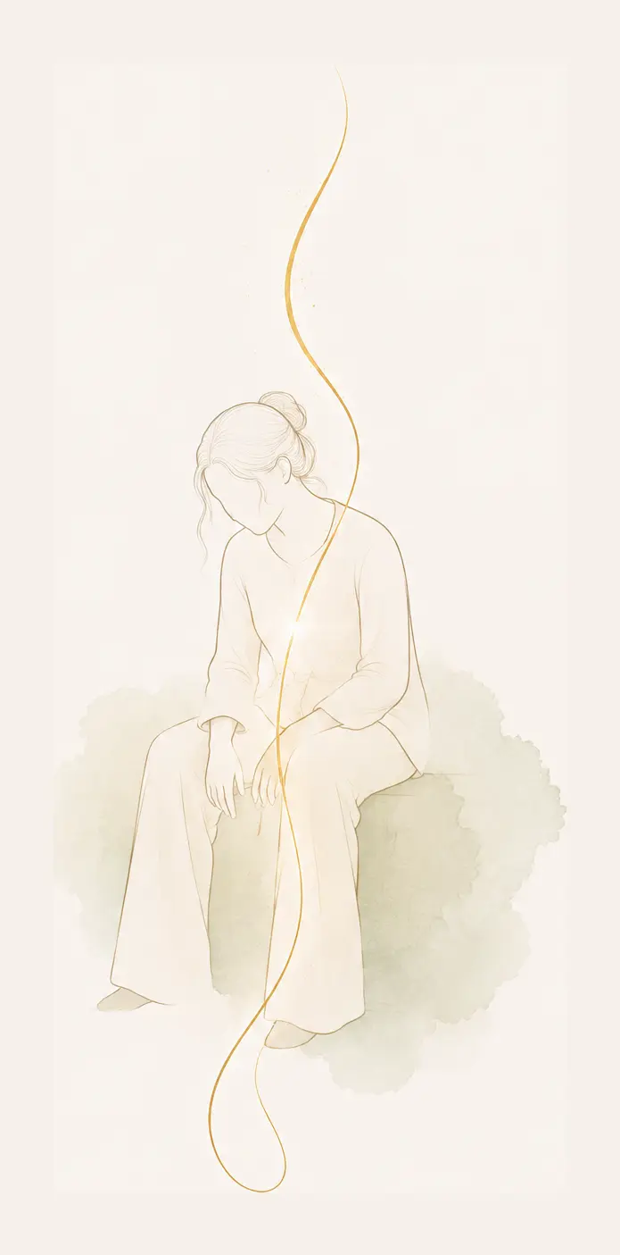 Une fatigue persistante Illustration d’une femme assise, le corps penché et le regard baissé, évoquant une fatigue persistante.