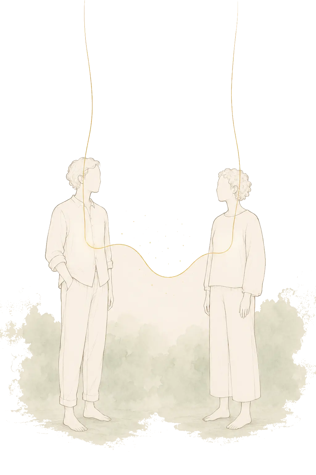 Illustration de la facilitation relationnelle Imago Deux personnes reliées par un fil doré symbolisant l’espace relationnel en Imago