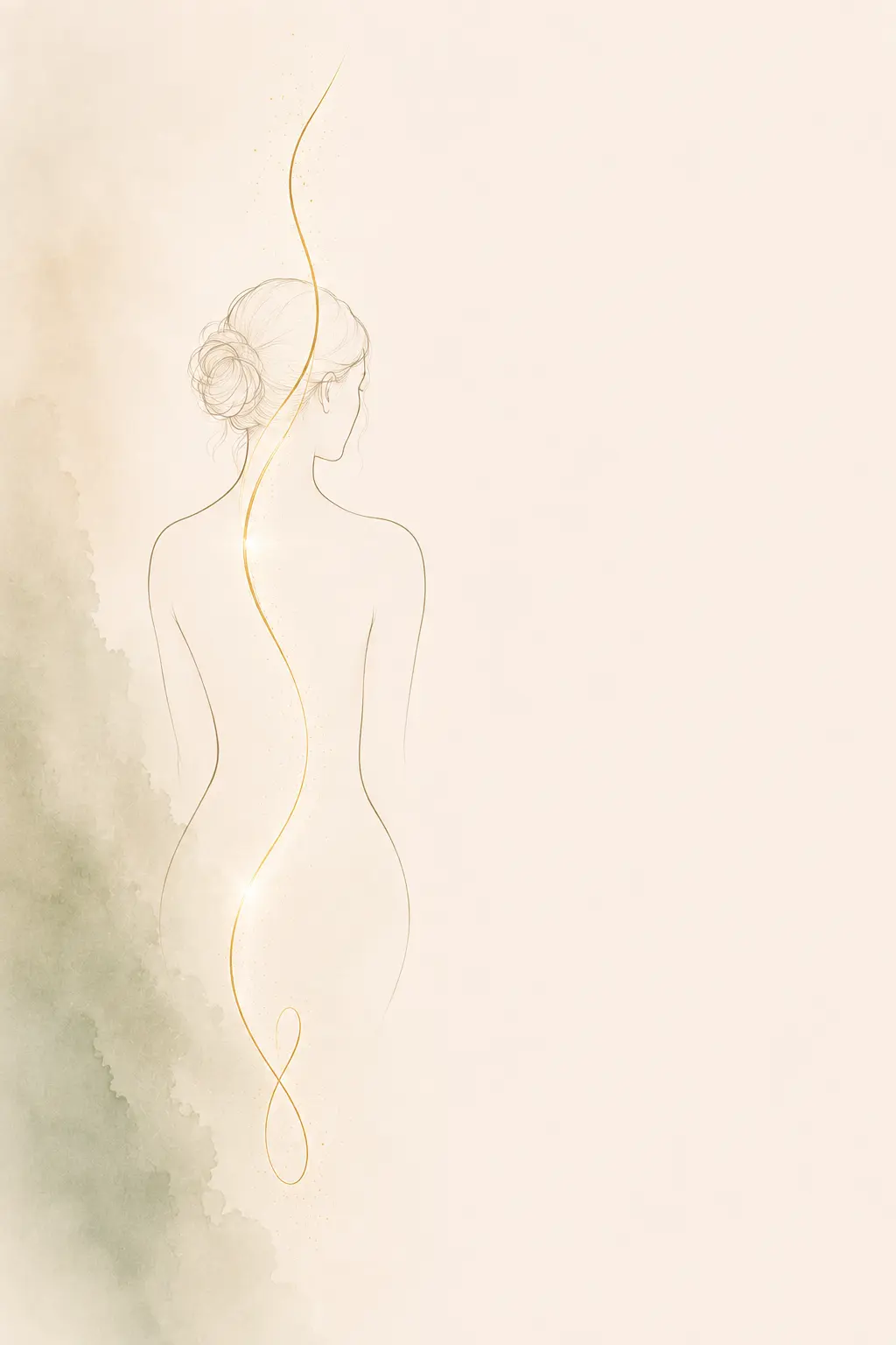 Le fil doré de La Trame Silhouette féminine de dos traversée par un fil doré évoquant la circulation de La Trame dans le corps.