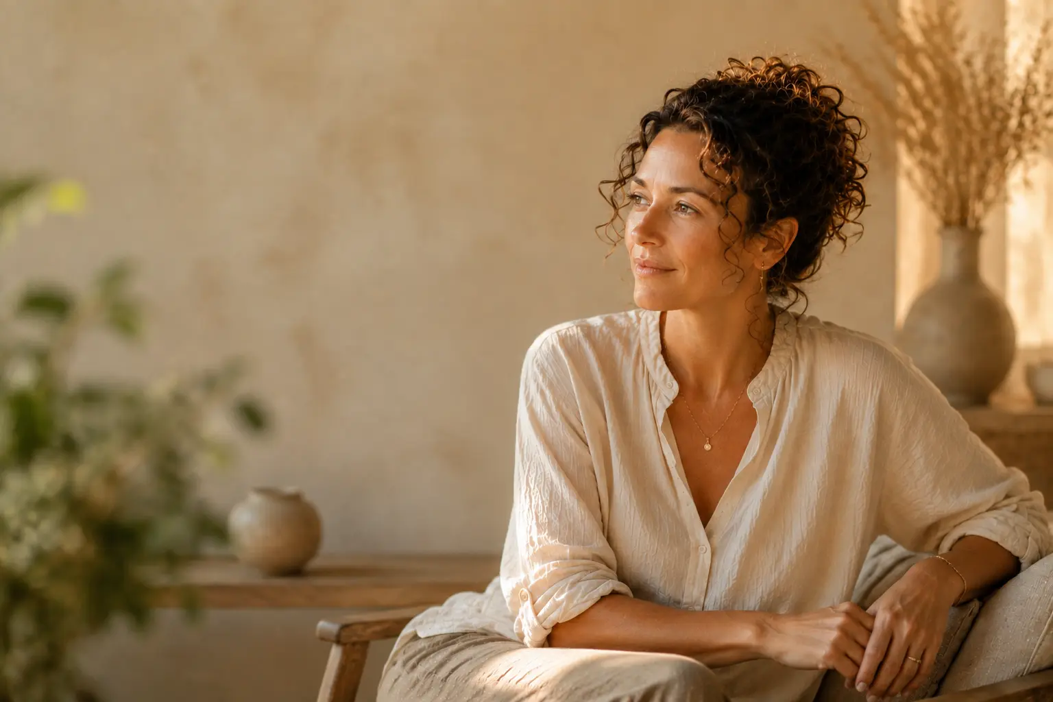 Illustration d’une praticienne de La Trame Portrait d’illustration d’une praticienne de La Trame assise dans une atmosphère douce et naturelle.