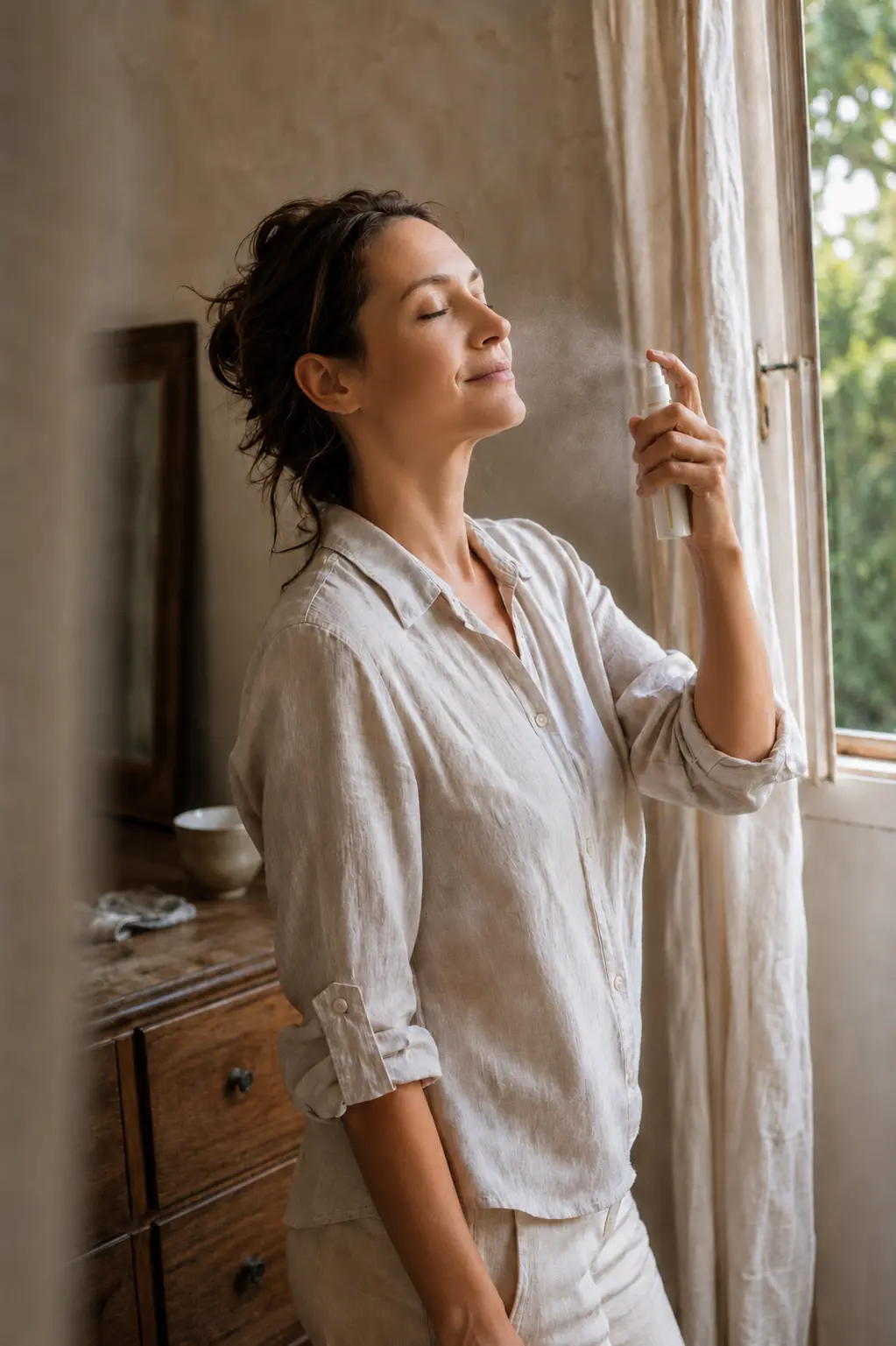 Femme utilisant une brume cosmétique dans un rituel de soin