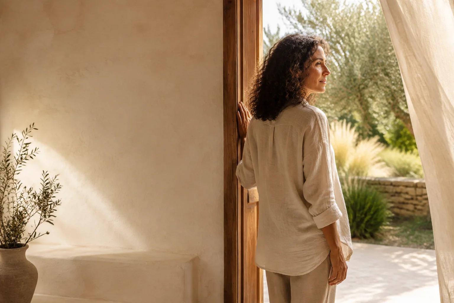 Femme brune et bouclée se tenant entre la maison et un jardin