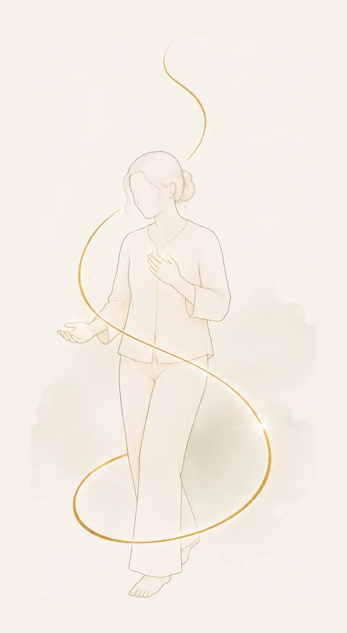 L’envie de prendre soin de soi autrement Illustration d’une femme debout, une main sur la poitrine et l’autre ouverte, entourée par un fil doré.