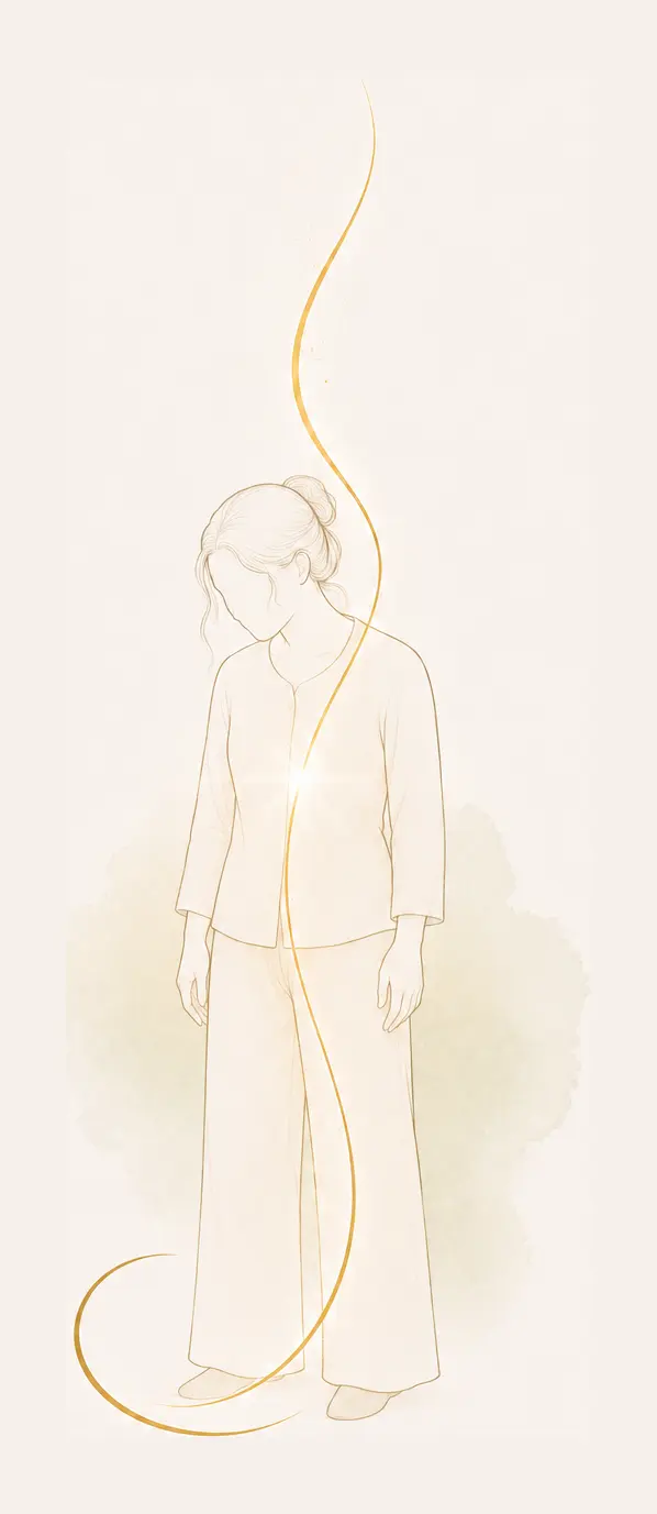 Le besoin de retrouver son équilibre Illustration d’une femme debout traversée par un fil doré continu formant une boucle d’ancrage à ses pieds.