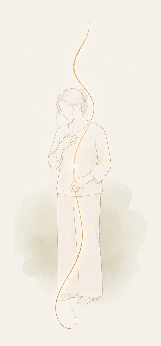 Une sensation de blocage Illustration d’une femme introspective devant un fil doré interrompu au niveau du buste, évoquant une sensation de blocage.