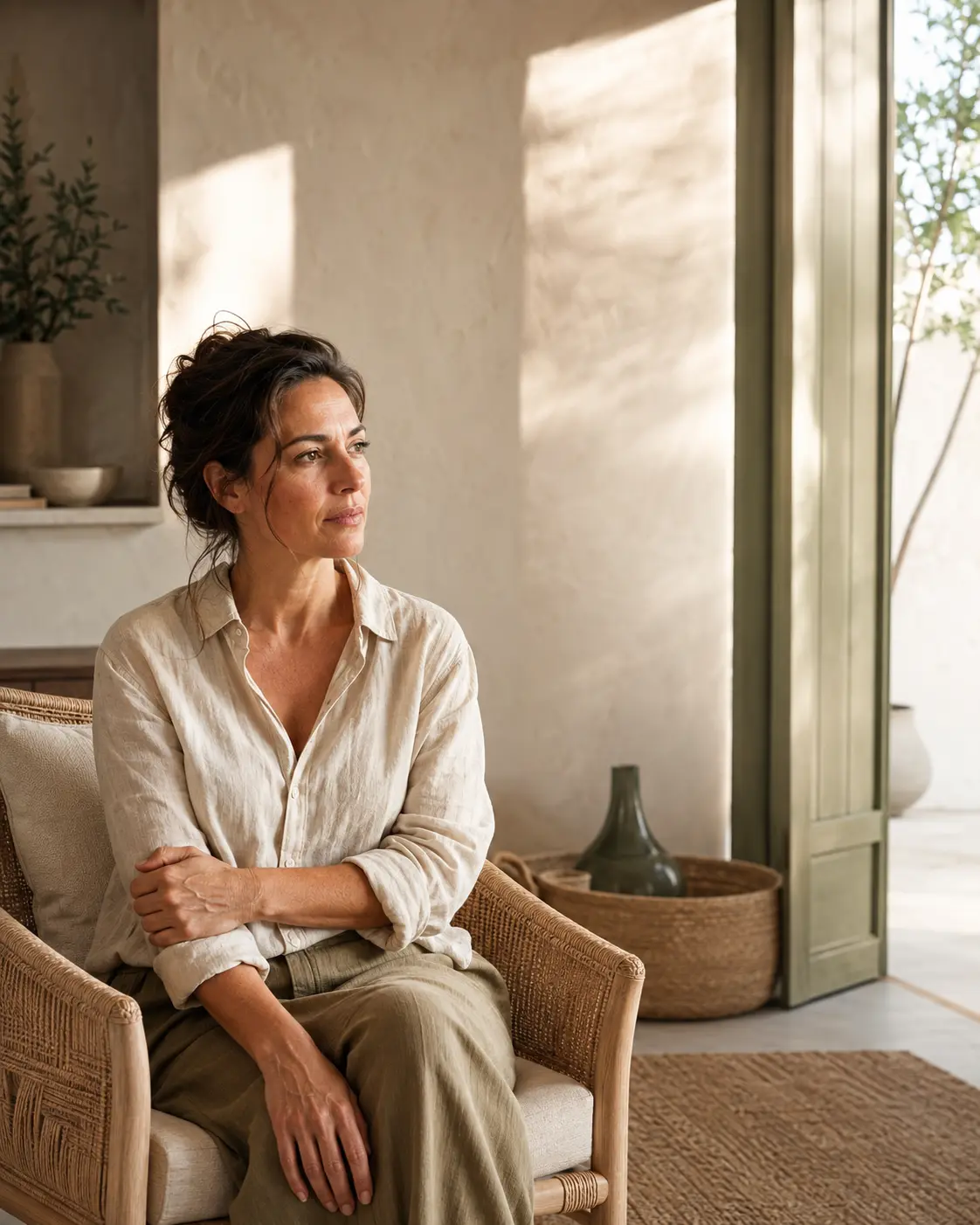 Femme pensive ressentant un décalage intérieur avant un accompagnement Soin 4D