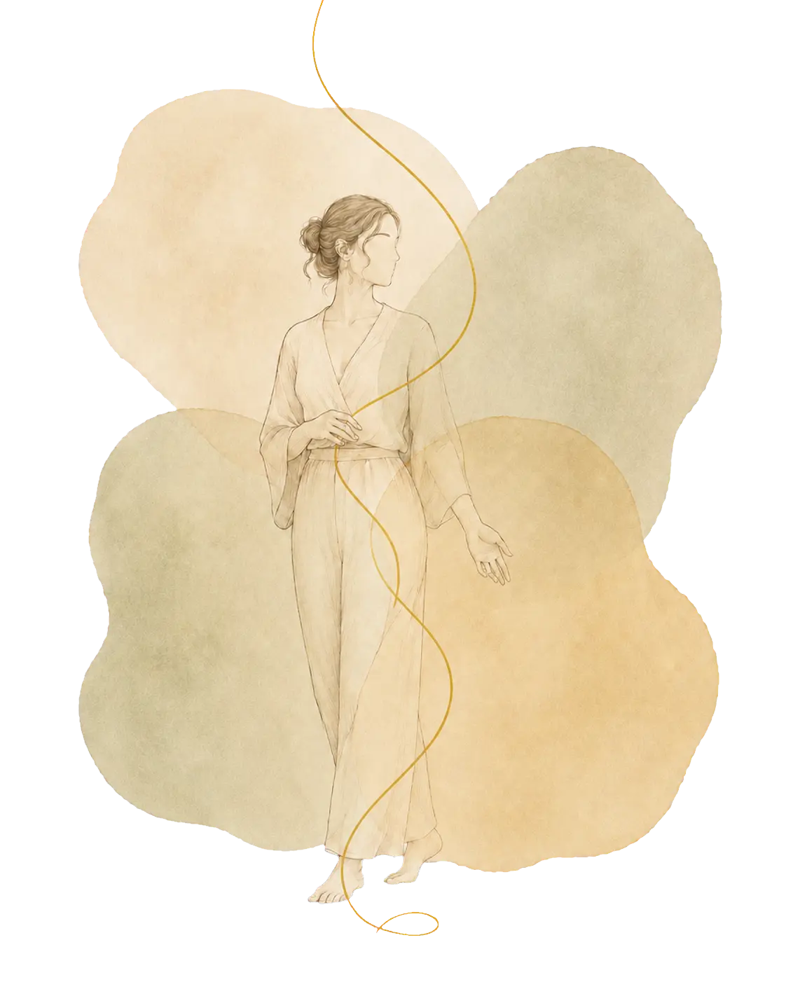 Illustration d’une femme traversée par un fil doré reliant quatre dimensions