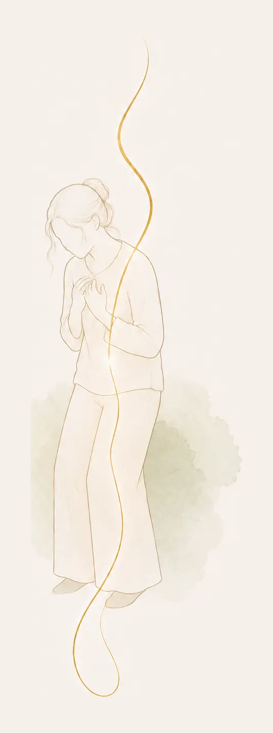 Un stress devenu envahissant Illustration d’une femme repliée, les mains contre la poitrine, évoquant un stress devenu envahissant.